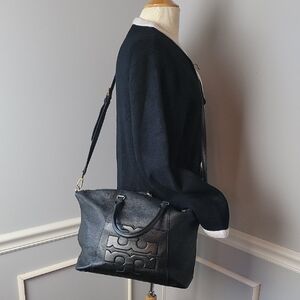 TORY‎ BURCH Bombe T Slouchy Black Pebble Grain Leather Designer Preppy Satchel
